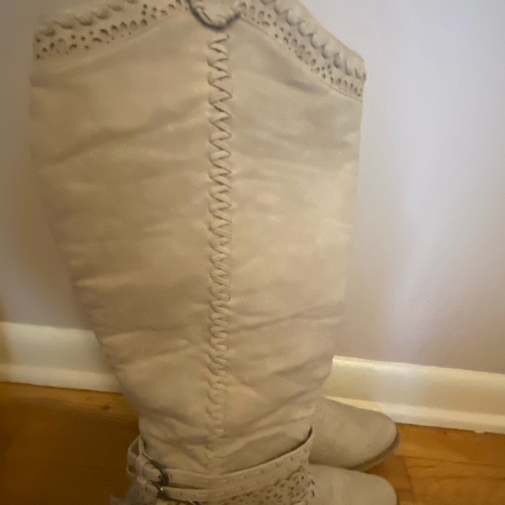 Cream Over the Knee Boots with Decorative Design and Soft Material